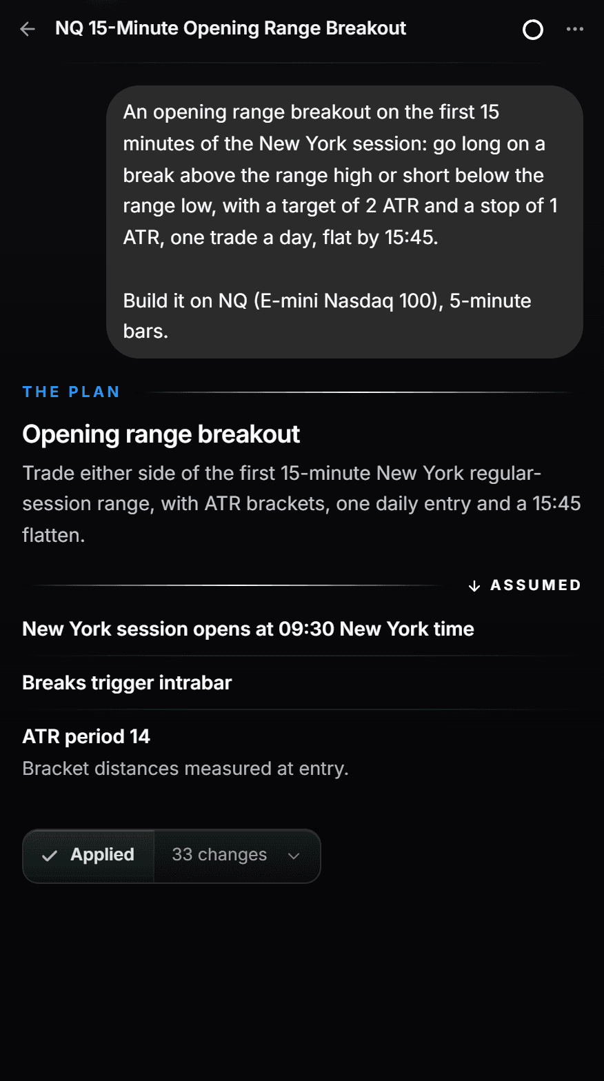 The copilot panel during a build: the request, Algo's plan with the assumptions it made, and the checks it ran on its own work.