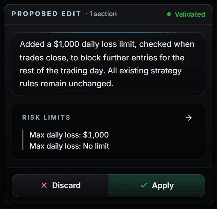 A copilot proposal card: the built strategy's long and short rules in plain words, its limits, a note on an assumption, and Discard and Apply buttons.